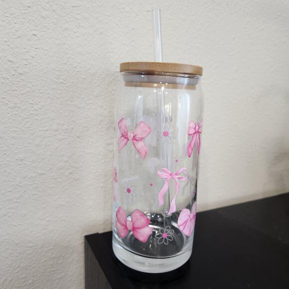 Coquette Pink Bow Daisy Flowers 20 oz Glass Tumbler Cup Girly Cute Coffee Matcha - Picture 2 of 5